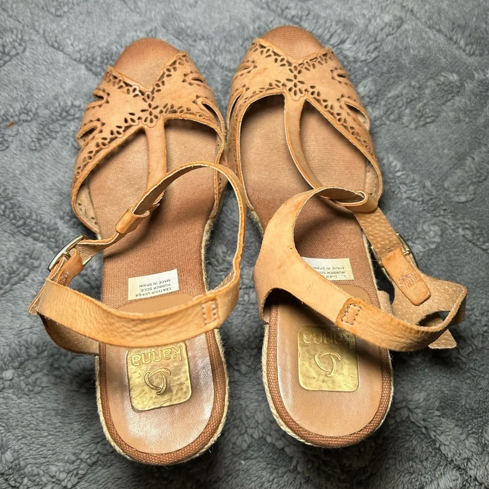 KANNA Women’s 39/8.5 T-Strap Slingback Espadrille Wedge spanish tooled Leather